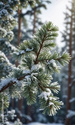 Snowflakes on pine branch in snowy winter landscape, frosty, cold, snowy