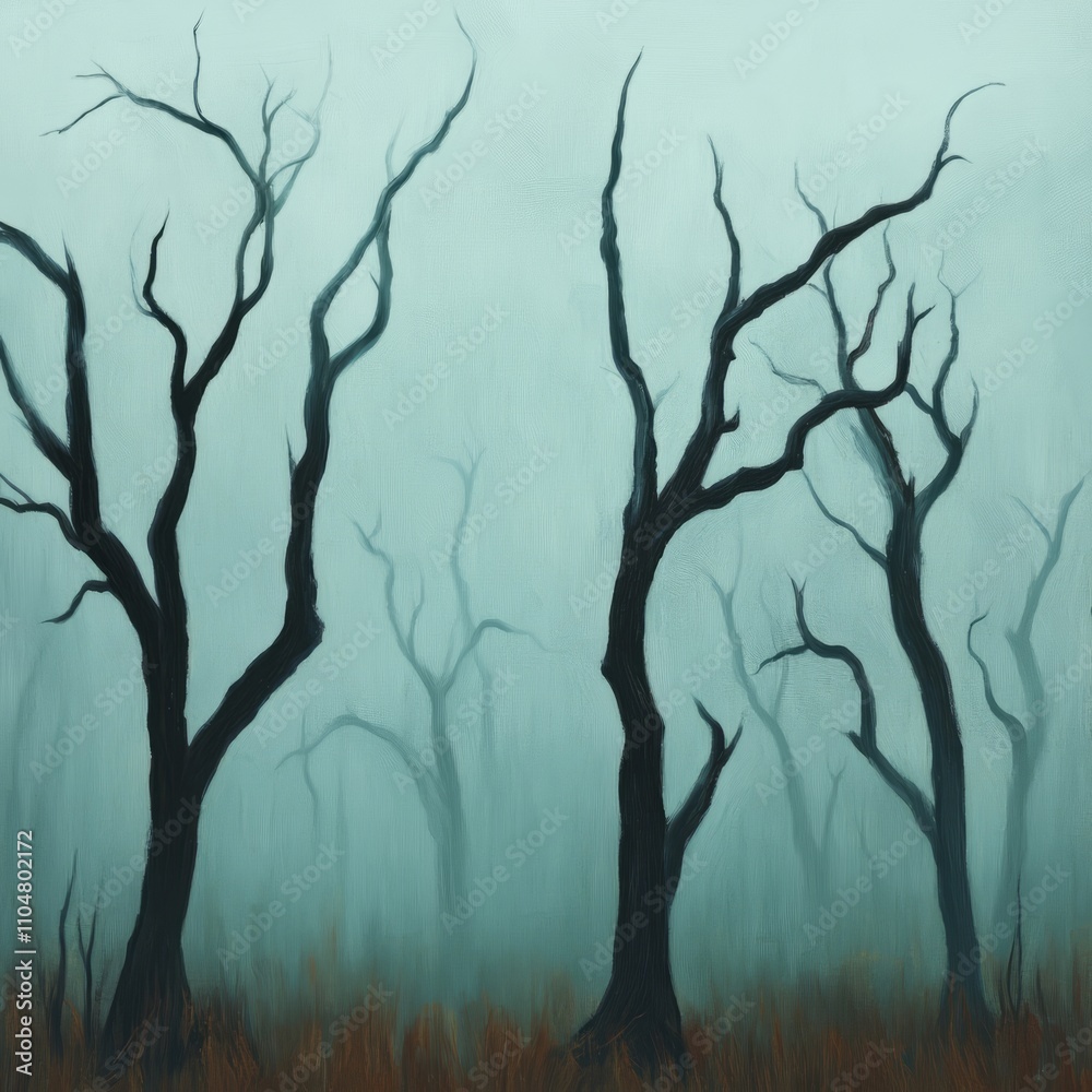 Obraz premium Dark, bare trees in a misty forest.