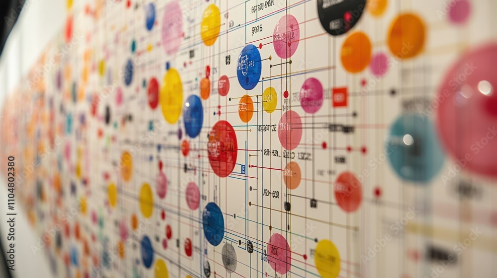 A colorful abstract wall art piece with circles and lines connected in a network pattern. A colorful abstract wall art piece with circles and lines connected in a network pattern.