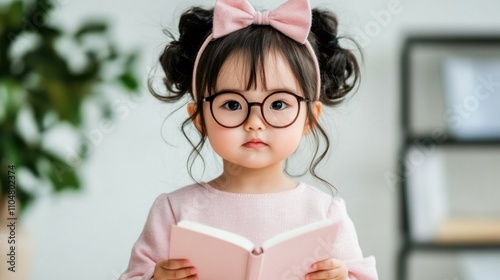 Young girl with glasses reading a book indoors, wearing a bow. photo