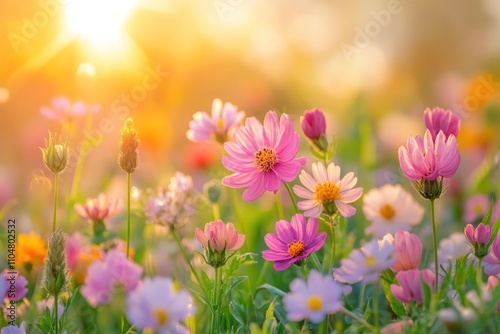 A field of wildflowers basking in the warm glow of the setting sun, creating a vibrant and colorful scene.