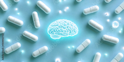 Brain Health Supplement Magnesium Glycinate Memory Support Capsules Blue Background Wellness