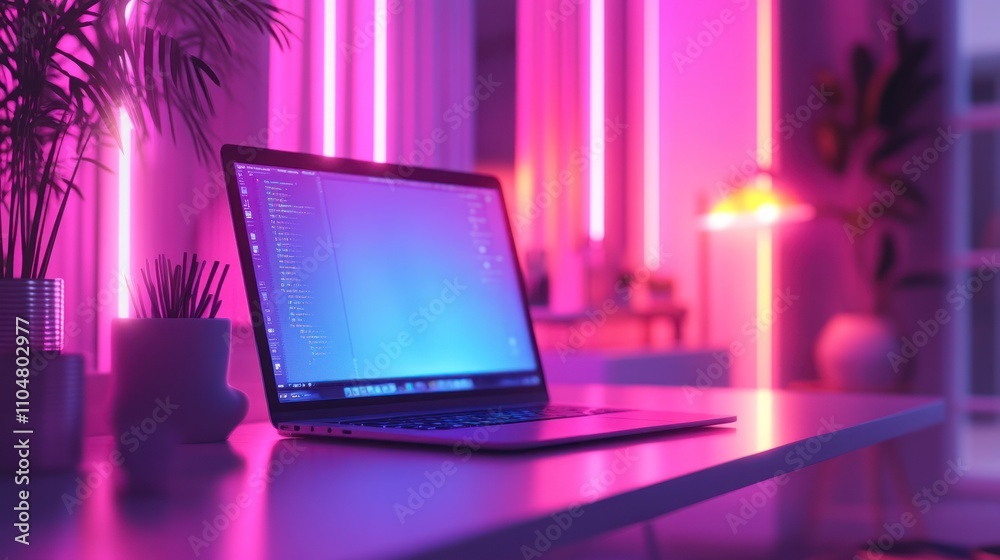 A laptop computer sits on a white desk in a room with pink neon lighting. A laptop computer sits on a white desk in a room with pink neon lighting.