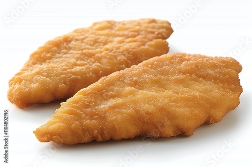 Two golden, crispy fried chicken tenders on a white background.