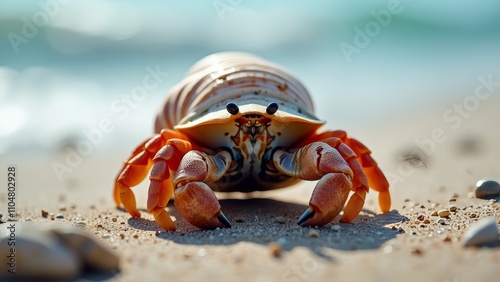 Orange crab on sand, Crab crawling on beach, Tan and orange shell,  photo