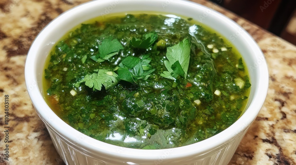 Vibrant Green Chimichurri Sauce in White Bowl