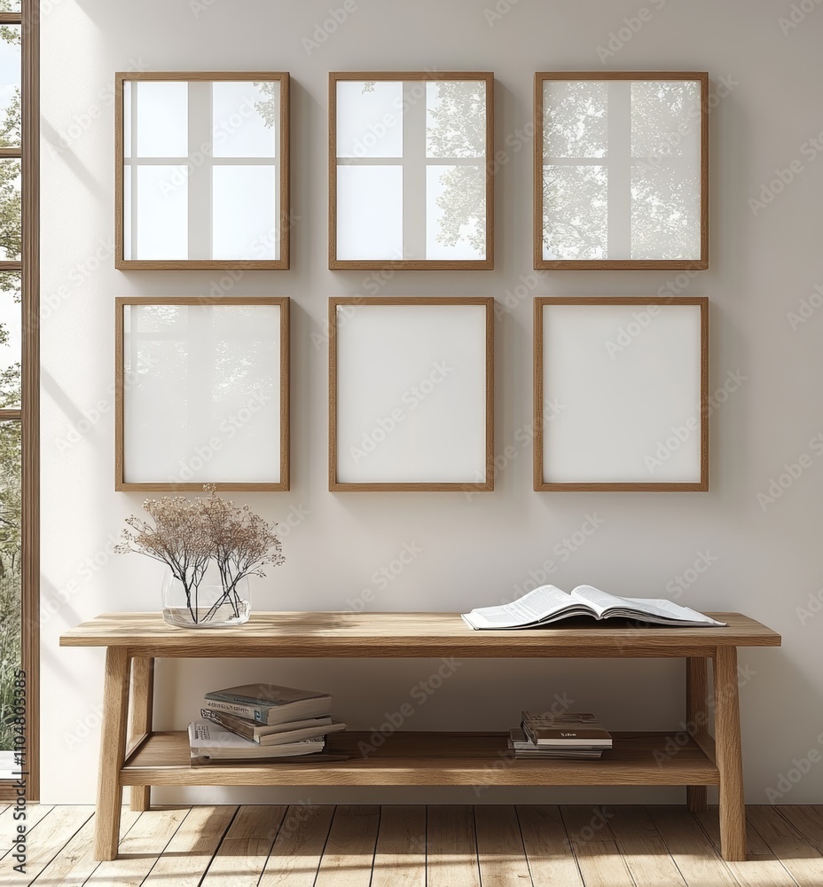 Fototapeta premium Minimalist Interior with Wooden Console Table and Blank Picture Frames