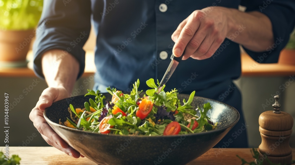 A chef prepares a fresh salad with tomatoes, greens, and herbs. A chef prepares a fresh salad with tomatoes, greens, and herbs.