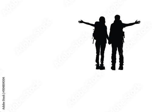Couple Outdoors Vector Silhouette, Group of Hiking man Silhouettes. hiker with backpack and rucksacks silhouette.