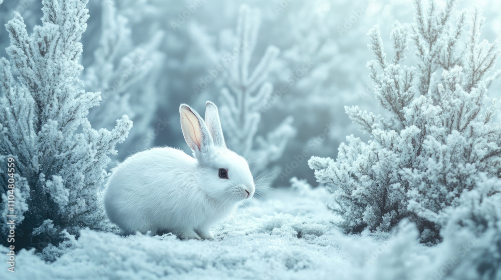 A serene white rabbit in a snowy landscape surrounded by frosty trees. A serene white rabbit in a snowy landscape surrounded by frosty trees.