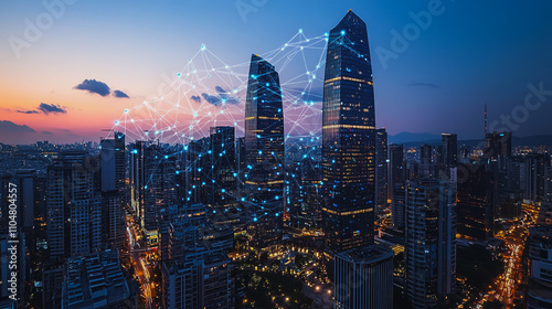 Wallpaper Mural Smart digital city with connection cyber security network reciprocity over the twilight cityscape.future wireless digital city and social media networking systems that connects people within the city Torontodigital.ca