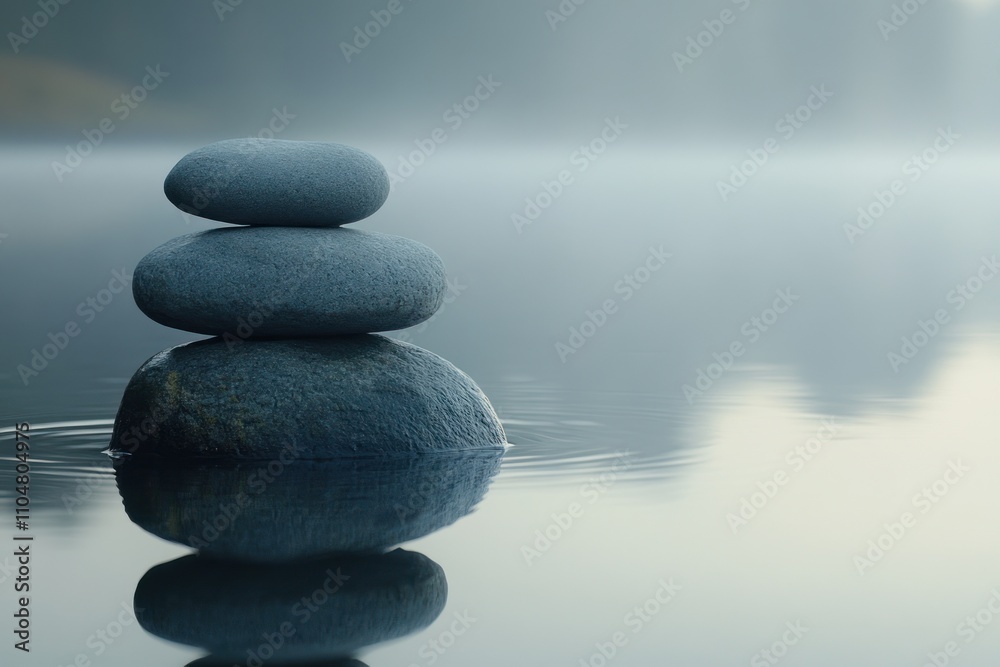 Three grey stones stacked on top of each other, floating on the surface of still water with a misty background. Three grey stones stacked on top of each other, floating on the surface of still water with a misty background.