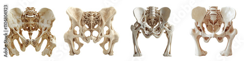 set of 3D-rendered human pelvis, 3D rendering of human pelvis, details of human pelvis, 3D visualization of human pelvis, 3D model of human pelvis, on a transparent backgrounds