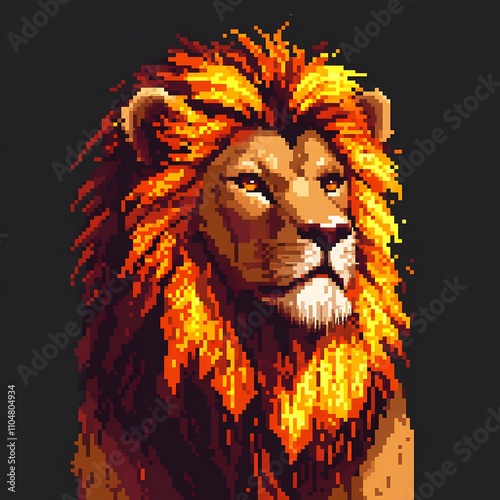 Fiery Pixel Art Lion, majestic digital portrait of a lion with a vibrant, pixelated mane. photo