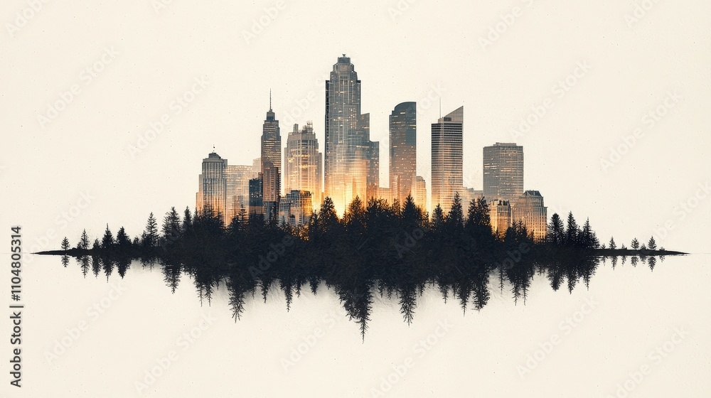 Fototapeta premium Grungy Cityscape Skyline at Sunset Urban Nature Forest Reflection
