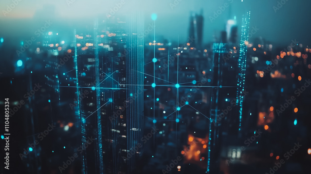 Obraz premium Smart digital city with connection cyber security network reciprocity over the twilight cityscape.future wireless digital city and social media networking systems that connects people within the city