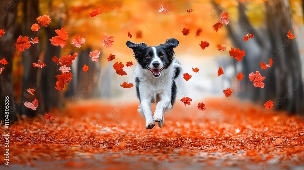 Border Collie Leaping Through Autumn Leaves Border Collie Leaping Through Autumn Leaves