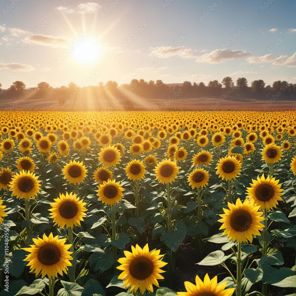 Obraz premium Bright sun shining over a field of vibrant sunflowers, nature, petals