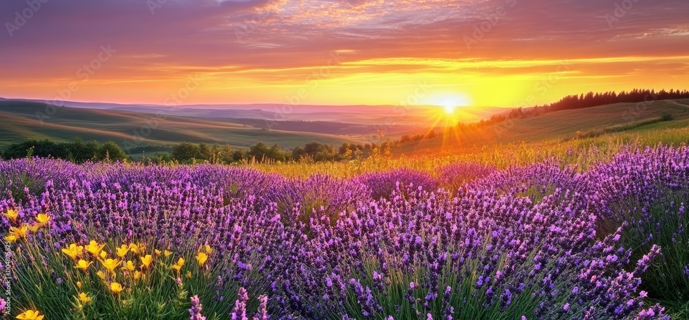 Naklejka premium Serene Meadow Sunset with Purple Lavender Flowers and Rolling Hills