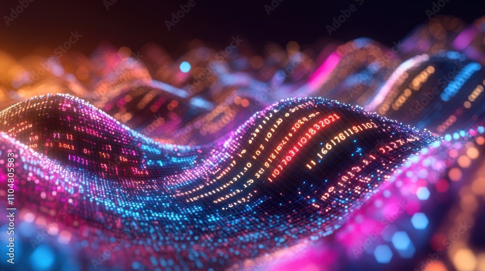 Abstract digital landscape with glowing waves and binary code, representing data visualization. Abstract digital landscape with glowing waves and binary code, representing data visualization.