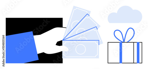 Hand holding banknotes with shaded background, gift box tied with ribbon, and cloud. Ideal for finance, banking, shopping, gifting, e-commerce digital transactions and cloud services. Line metaphor