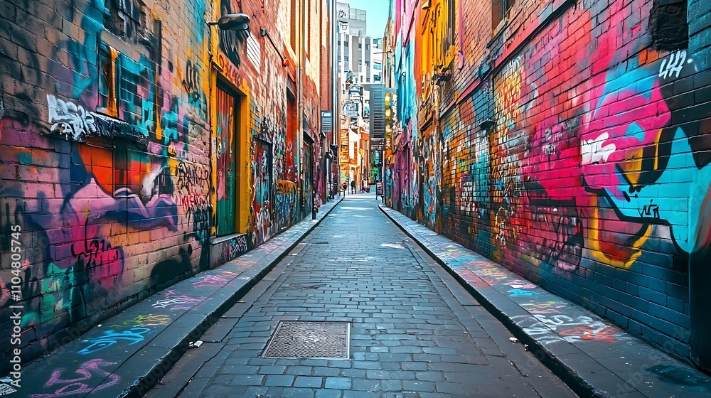 Obraz premium Kolorowa ściana graffiti w miejskiej uliczce, pełna żywej sztuki ulicznej i wyrazistych wzorów