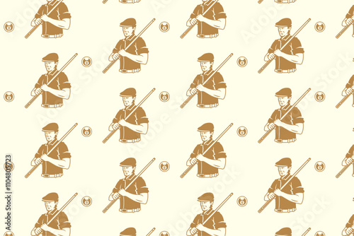 billiard player man holding stick, 8 ball silhouette seamless pattern on white background. snooker pool player with stick, ball illustration pattern background for billiard decoration and merchandise 