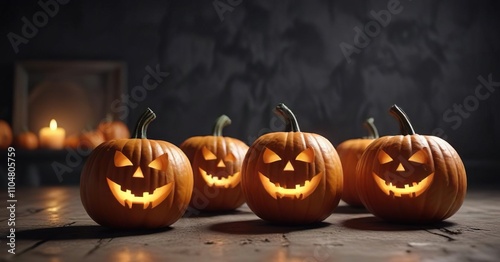 Close-up view of orange Halloween pumpkins for spooky decor, decor, view photo