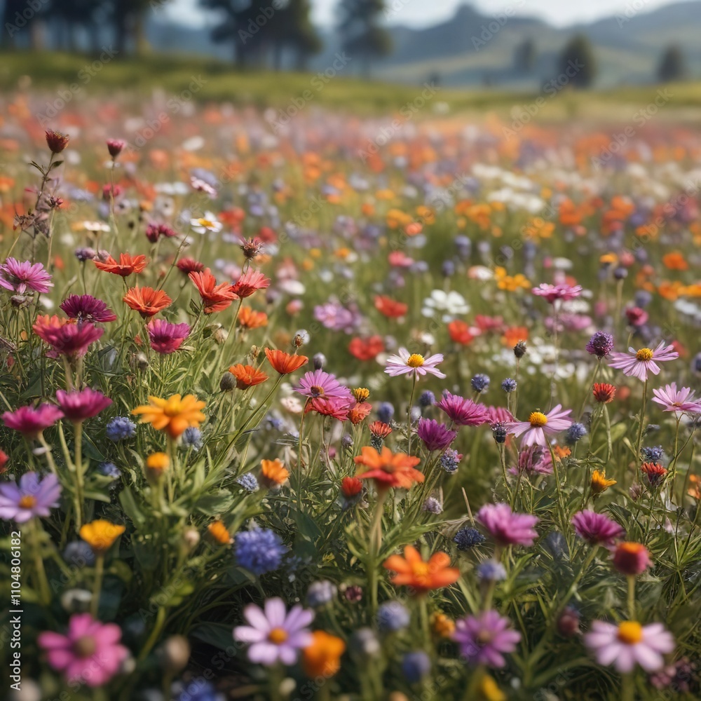 Field of vibrant wildflowers with a blurred background, bright, colorful, meadow Field of vibrant wildflowers with a blurred background, bright, colorful, meadow