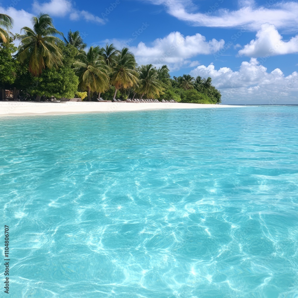 Fototapeta premium Idyllic tropical beach with clear turquoise water, white sand, and lush palm trees under a vibrant blue sky.
