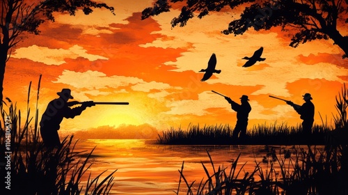 Sunset Hunting Scene: Three Hunters Silhouetted Against a Vibrant Orange Sky, Shooting Ducks Over a Calm Lake.