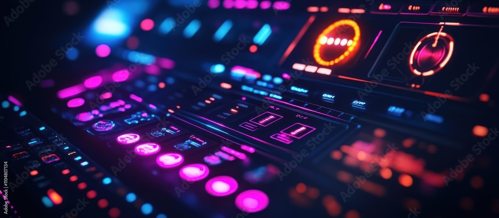 Futuristic control panel with glowing buttons and displays, illuminated with vibrant colors.