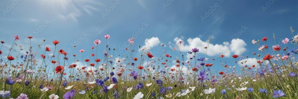Vibrant wild flowers swaying in the wind under clear blue sky, blooms, colorful, garden Vibrant wild flowers swaying in the wind under clear blue sky, blooms, colorful, garden