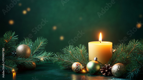 A glowing candle surrounded by pine branches and ornaments