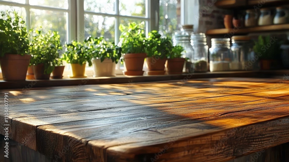 Rustic Wooden Kitchen Counter with Potted Plants and Sunlit Background Rustic Wooden Kitchen Counter with Potted Plants and Sunlit Background