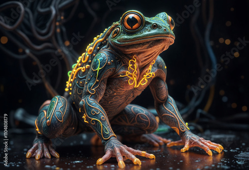 a hyper-realistic detailed image of a pumped up neon-lit tattooed humanoid frog on a brinary energy blast background - generated by ai photo