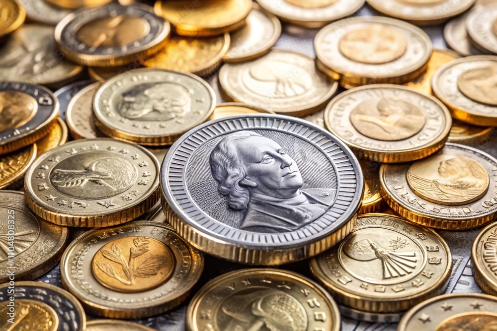 Create a captivating 3D animation showcasing a set of rotating coins and dollar symbols. Create a captivating 3D animation showcasing a set of rotating coins and dollar symbols.