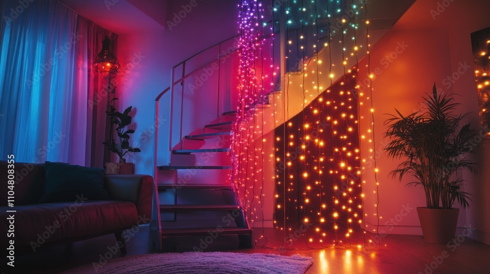 A modern living space with colorful LED lights illuminating a staircase and plants. A modern living space with colorful LED lights illuminating a staircase and plants.