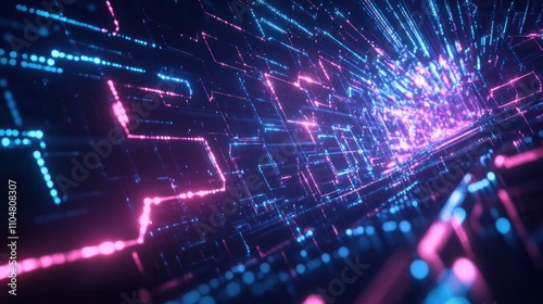 A vibrant digital tunnel of neon lights representing data flow and technology.