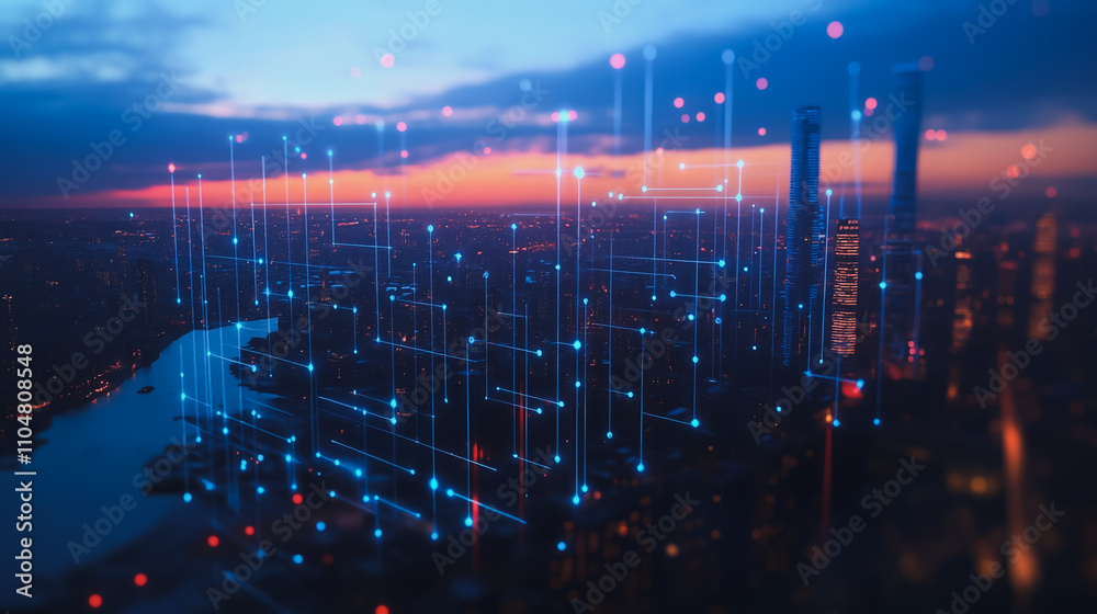 Fototapeta premium Smart digital city with connection cyber security network reciprocity over the twilight cityscape.future wireless digital city and social media networking systems that connects people within the city