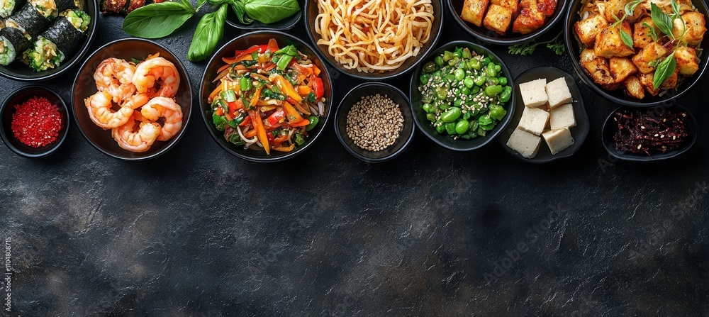 Colorful Asian Meal on Dark Slate Background with Noodles Shrimp Sushi Tofu and Vegetables Colorful Asian Meal on Dark Slate Background with Noodles Shrimp Sushi Tofu and Vegetables