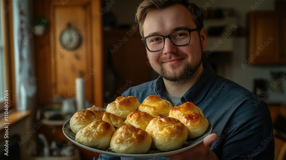 A smiling person holds a plate of freshly baked rolls in a cozy kitchen setting. A smiling person holds a plate of freshly baked rolls in a cozy kitchen setting.