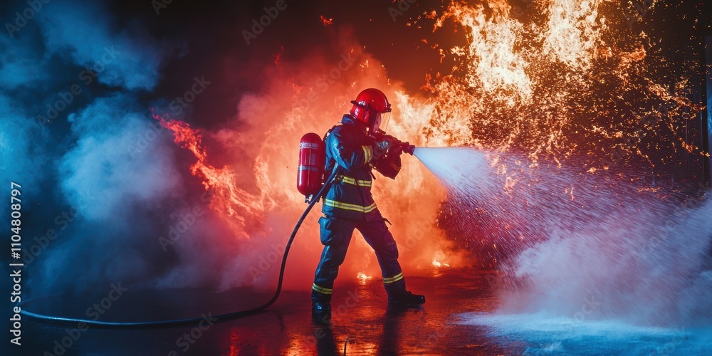 Obraz premium Fire incident in a building, motion pictures of a firefighter putting out the fire with water hoses