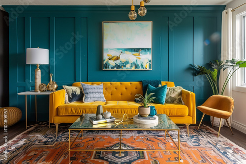 Sophisticated living room with dark teal walls, a mustard-yellow sofa, and gold-accented coffee tables. home interior design concept 