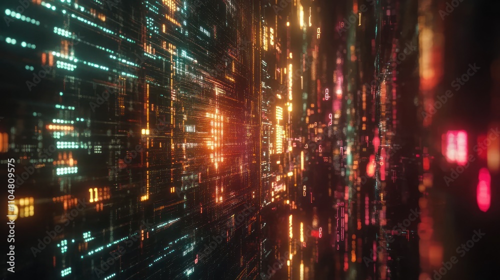 Obraz premium Abstract digital landscape with glowing lines and patterns, evoking a futuristic atmosphere.