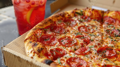 Close-up of rotating Italian pizza and raspberry lemonade delivered fast in a cardboard box. photo