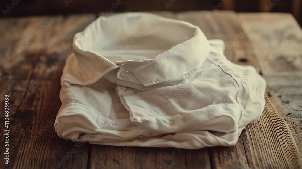 A close-up of a neatly folded shirt with crisp wrinkles and soft fabric, placed on a wooden surface
