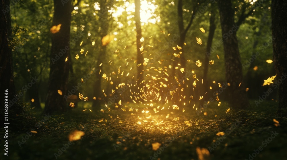 Obraz premium A serene forest scene with swirling leaves illuminated by soft sunlight.