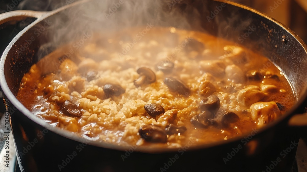A steaming pot of mushroom risotto, showcasing rich flavors and a comforting meal. A steaming pot of mushroom risotto, showcasing rich flavors and a comforting meal.
