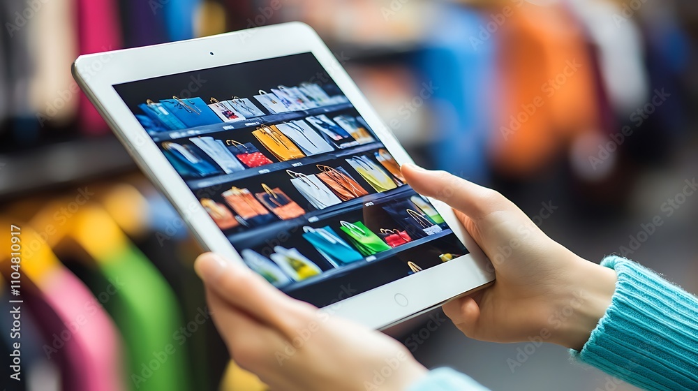 A tablet being held in a person’s hands while browsing an online store, with product images displayed on the screen A tablet being held in a person’s hands while browsing an online store, with product images displayed on the screen